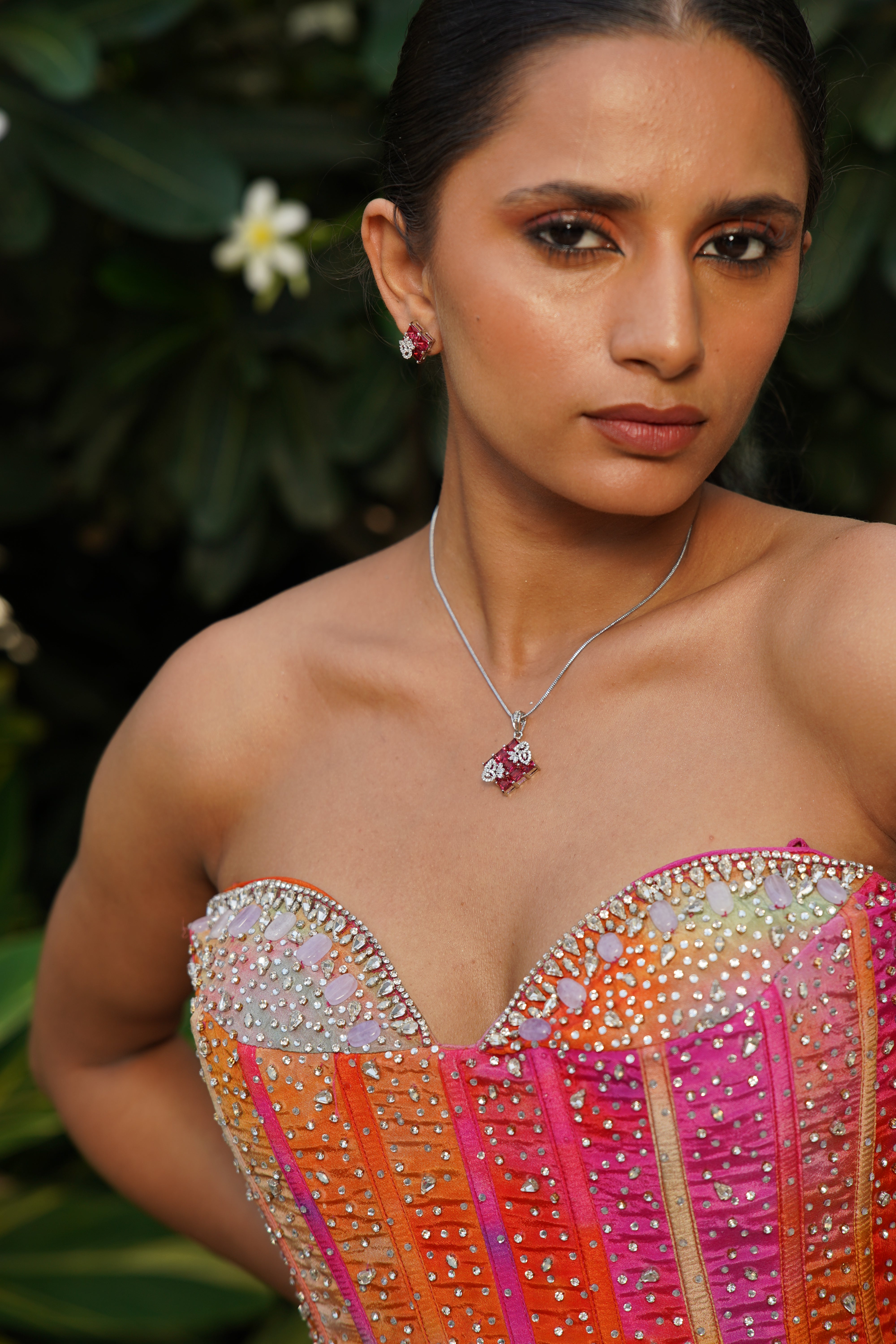 Crimson Bloom Mosaic Pendant & Earrings Set - Anoree