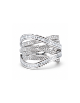 Silver ring with diamond accents on a white background