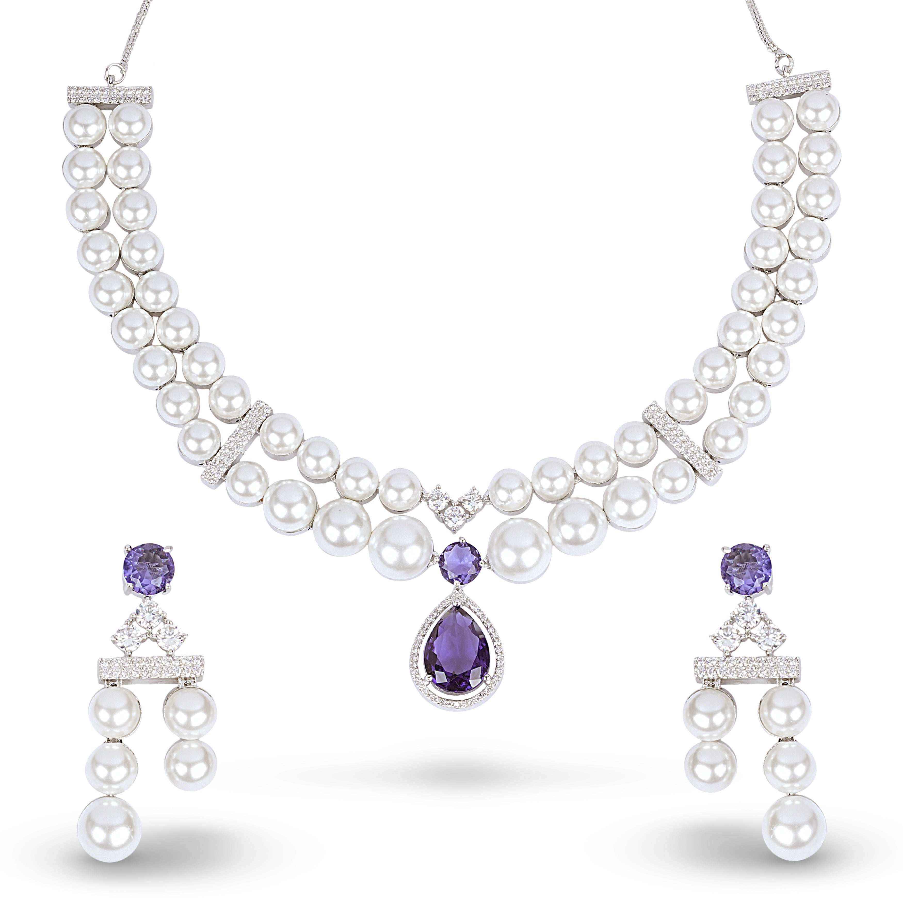Amethyst Pearl Necklace & Earrings Set - Anoree