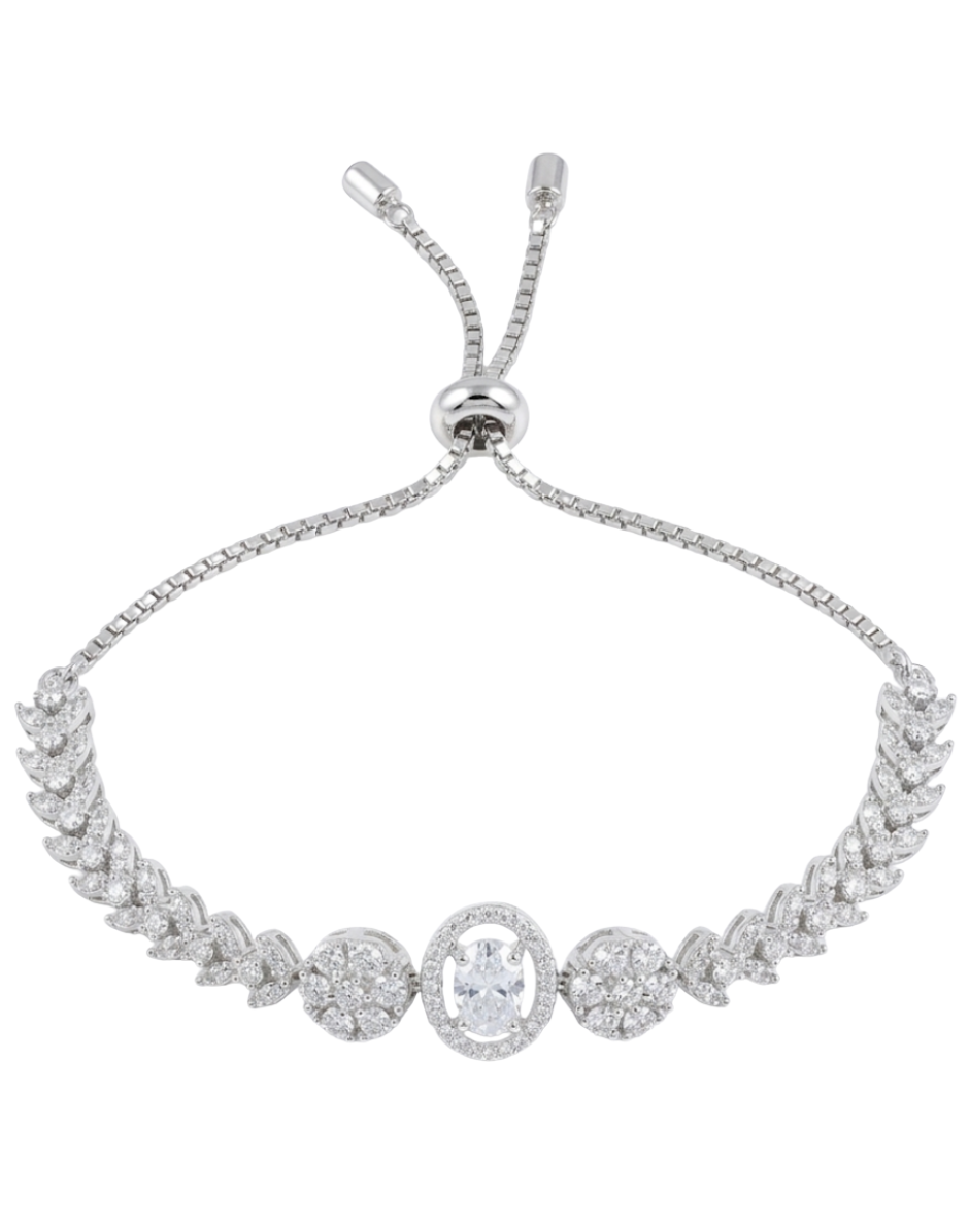 Silver bracelet with clear gemstones on a white background