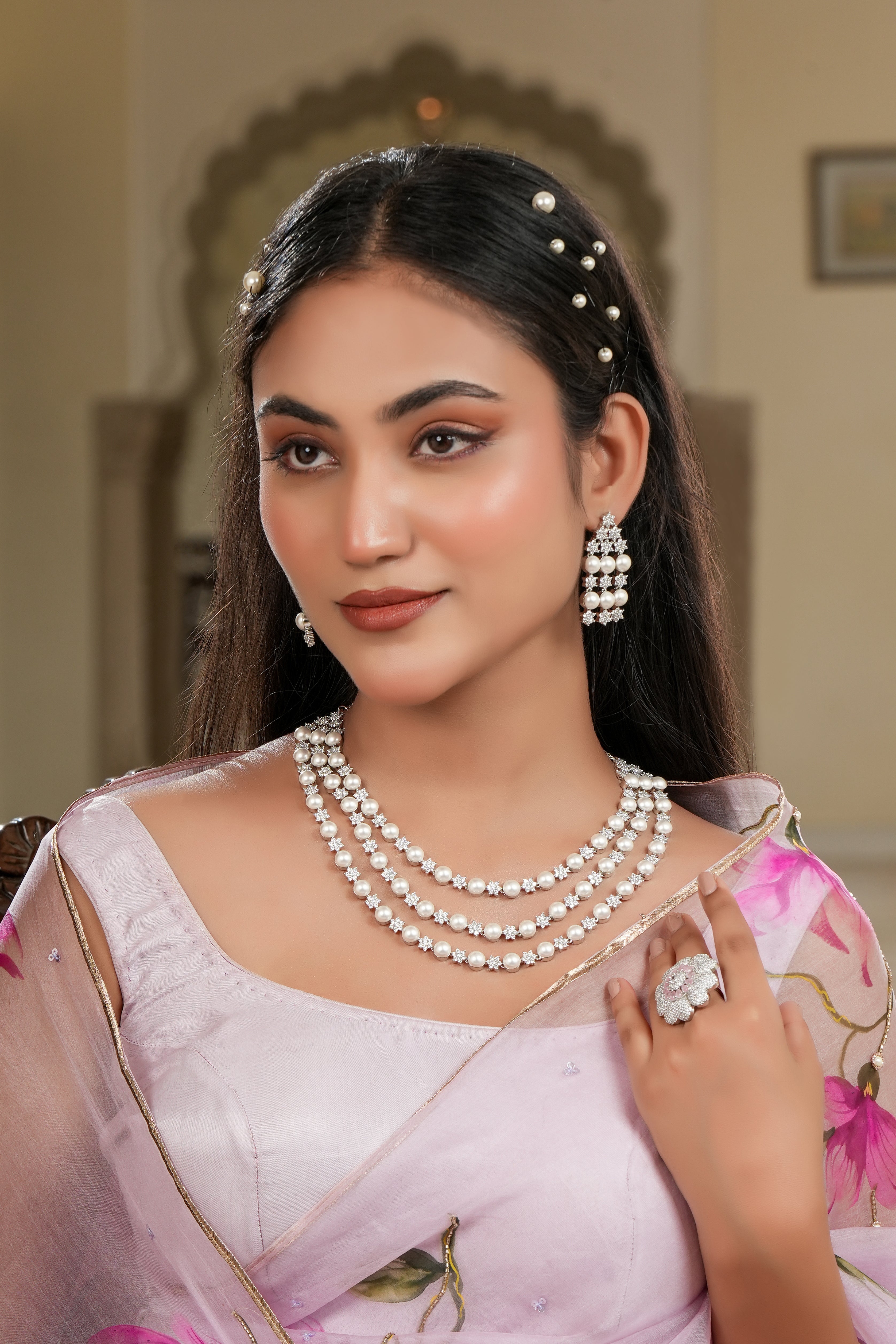Maharani Gayatri Devi Pearl Necklace & Earring Set