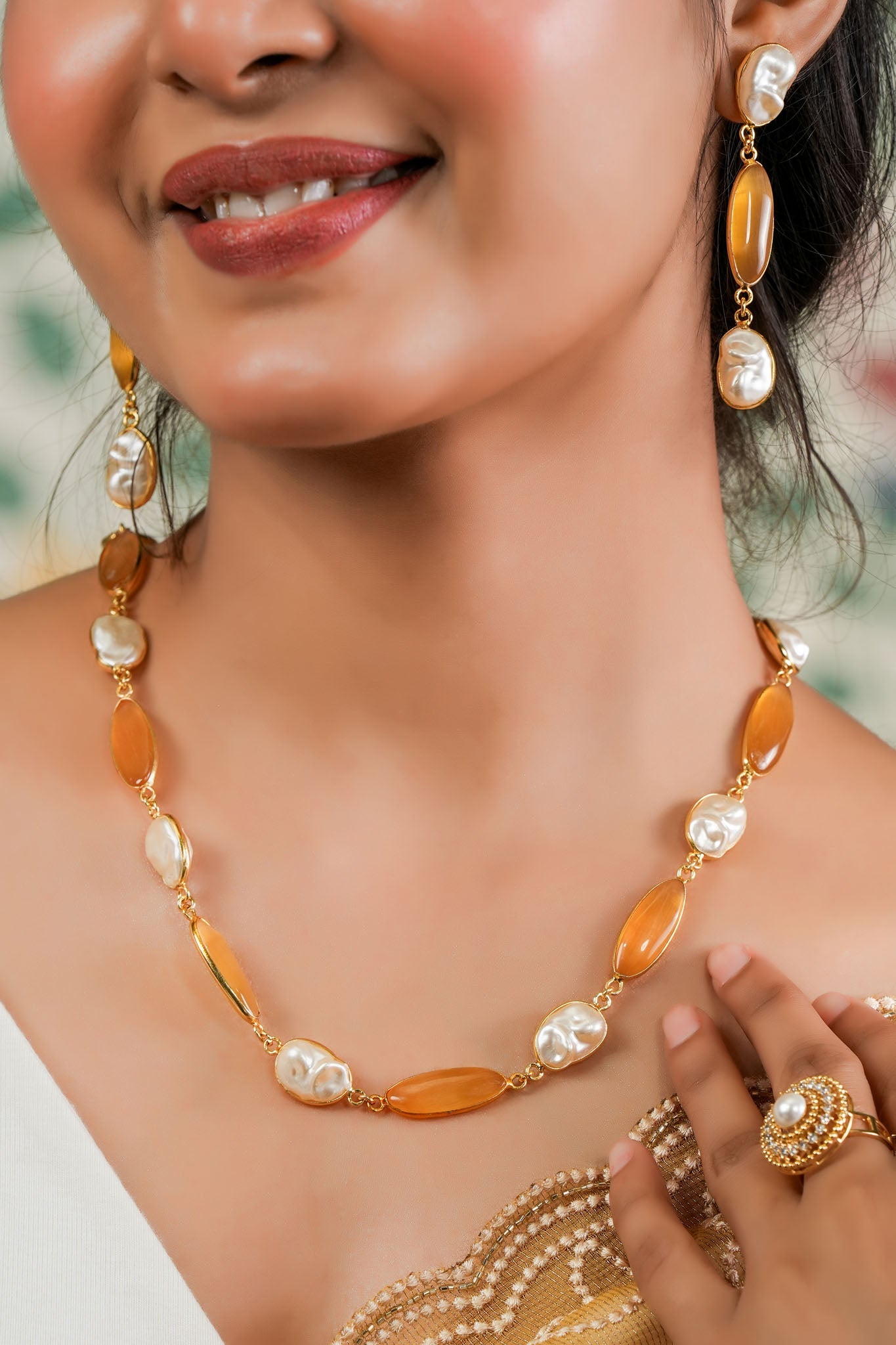 Indumala Long Pearl Necklace & Earring Set