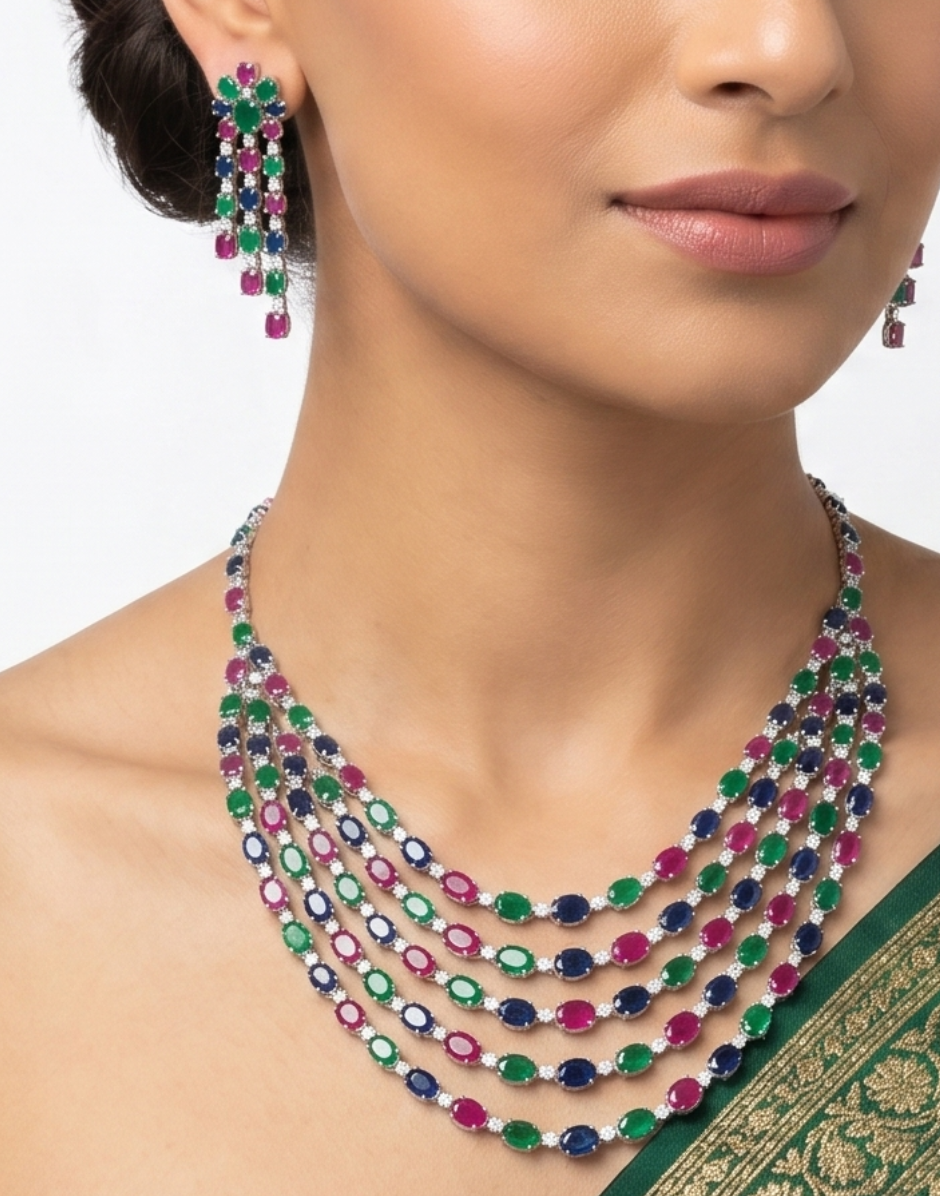 Regal Trinity Gem Layered Necklace Set
