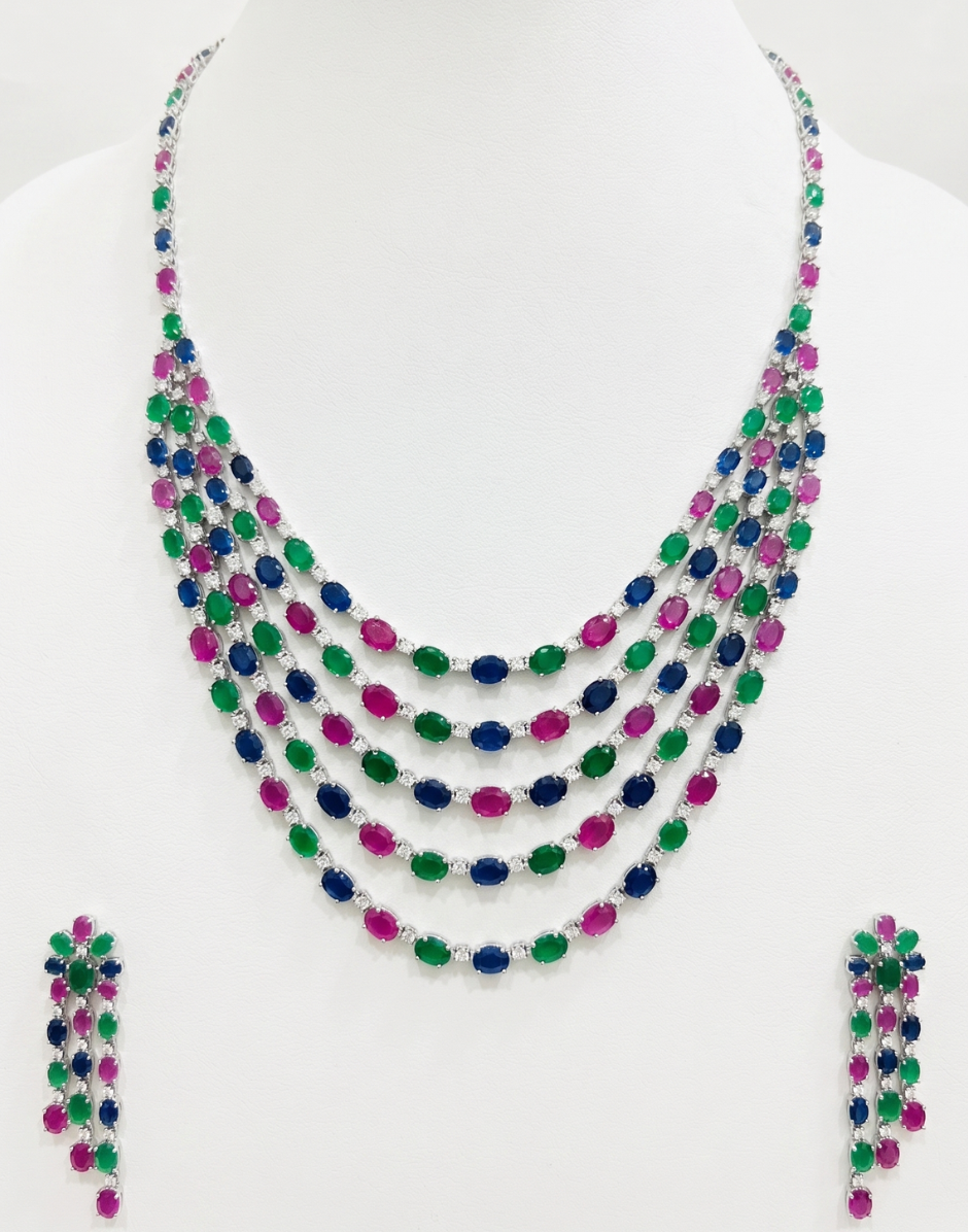 Regal Trinity Gem Layered Necklace Set