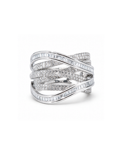 Silver ring with diamond accents on a white background