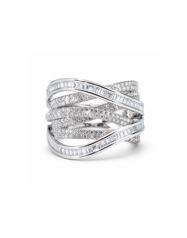 Silver ring with diamond accents on a white background