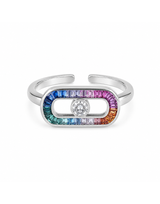 Silver ring with colorful gemstones on a white background
