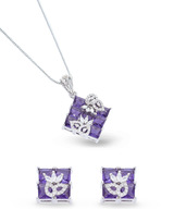 Amethyst jewelry set with necklace and earrings on a white background