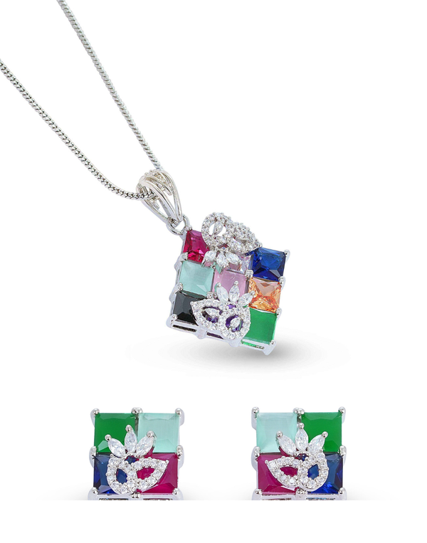 Colorful gemstone jewelry set with necklace and earrings on a white background