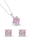 Pink gemstone jewelry set with necklace and earrings on a white background