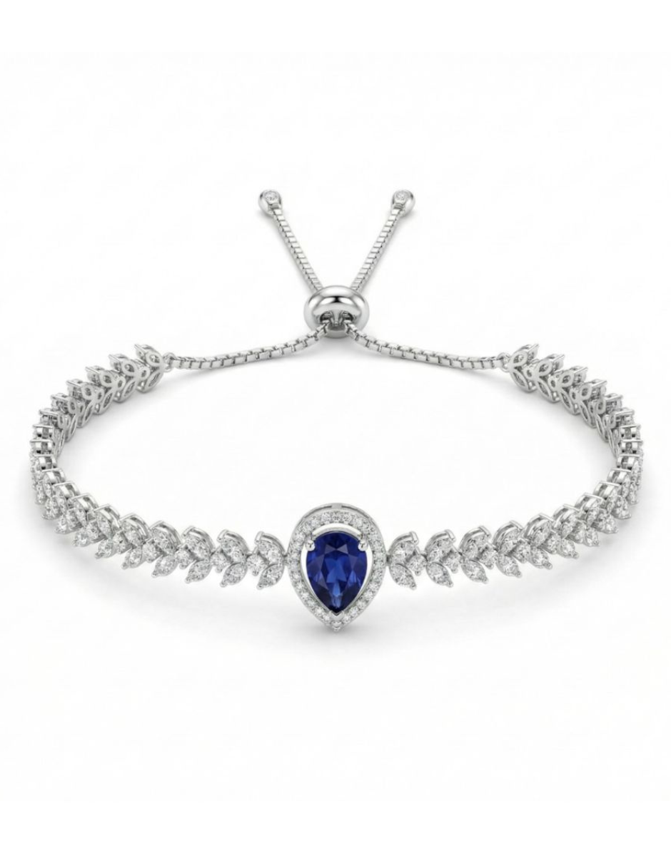Silver bracelet with a blue gemstone on a white background