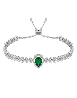 Silver bracelet with a heart-shaped green gemstone on a white background